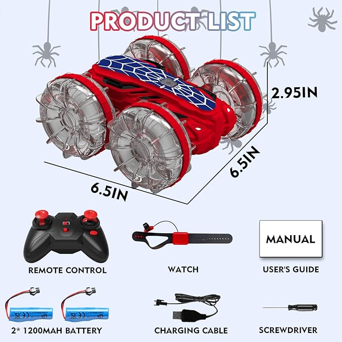 Spider Amphibious Remote Control Car Boat, 4WD Waterproof 2.4 GHz Pool Toys for Ages 6 7 8 9 10 11 12, 360° Gesture Sensing RC Stunt Car with LED Lights, Boys Girls Gifts All Terrain Water Toy