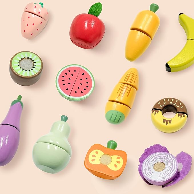 WHOHOLL Play Food Set for Play Kitchen Accessories, Wooden Toys Food Pretend Cutting Food with Apron, Montessori Toys for 3+ Years Old Girls Boys Eye-Protection Learning Resources