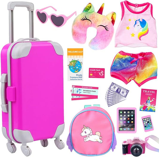 ZITA ELEMENT 24 Pcs 18 Inch Girl Doll Accessories Suitcase Luggage Travel Set Including 18 Inch Doll Clothes Luggage Pillow Blindfold Sunglasses Camera Computer Cell Phone Ipad and Other Stuff