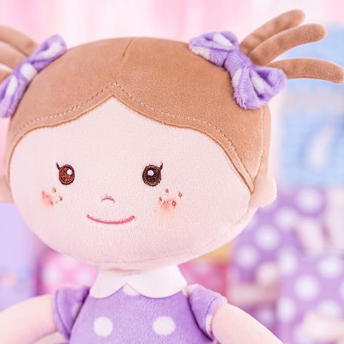 Onetoo Plush Rag Doll First Baby Doll Soft Baby Doll Sleeping Cuddle Buddy Doll for Girls Wear Purple Polka Dot Dress 14"(Milly Series)