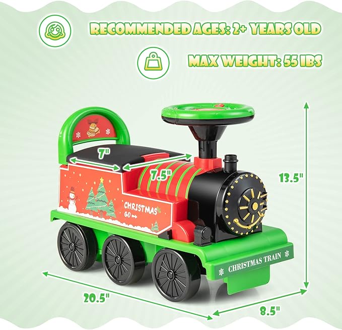 Olakids Kids Ride On Train with Track, 6V Electric Toy with Lights and Sounds, Retractable Footrest, Under Seat Storage, Christmas Theme Battery Powered Gift for Toddlers Boys Girls (Christmas Style)