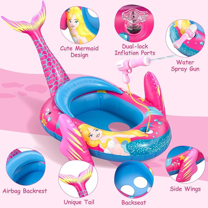Mermaid Kids Pool Floats with Water Gun, Toddler Inflatable Pool Toys for Kids 3-8 Years Old, Summer Outdoor Water, Beach, Swimming Pool Toy Gifts for Girls and Kid
