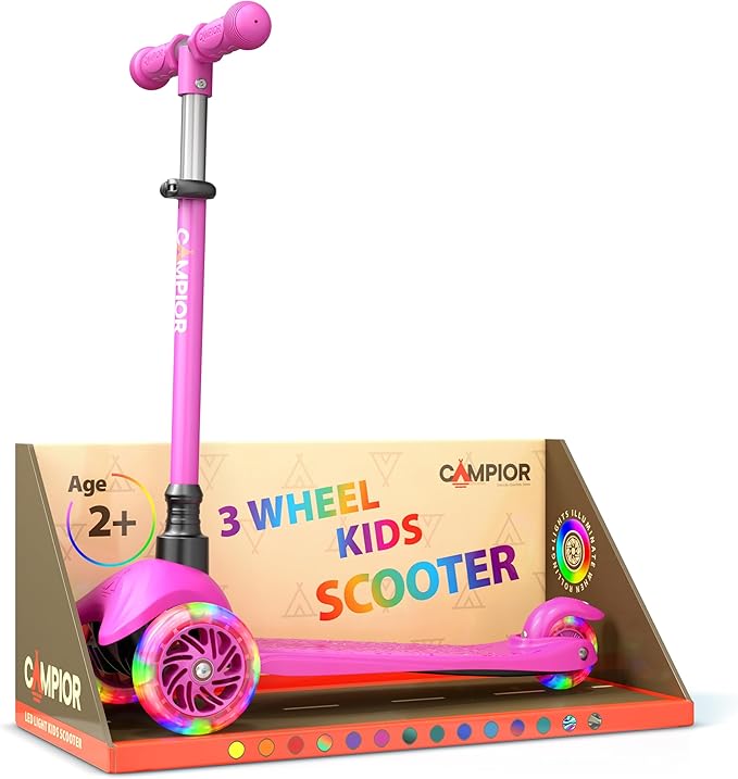 Pink Mini 3 Wheel Scooter for Kids – Lean-to-Steer with LED Light-Up Wheels, Adjustable Handlebar, Wide Anti-Slip Deck, Smooth PU Wheels, Rear Foot Brake – Toddler Scooter for Ages 2+