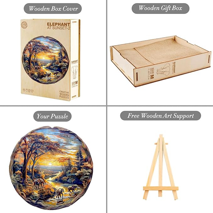 Wooden Puzzles for Adults, Wooden Jigsaw Puzzles for Adults Kids, Elephant at Sunset-2 Unique Shaped Wood Puzzles Adult, Creative Birthday Gifts for Friends Family Game (8.5 * 8.4in 100pcs)