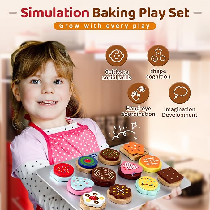 Wooden Cookie Play Food Set for Kids Kitchen Accessories Food Toys for Toddlers 1-3 Pretend Play Slice and Bake Gift for 3 4 5 Years Old Girls and Boys Toddler Learning Toys