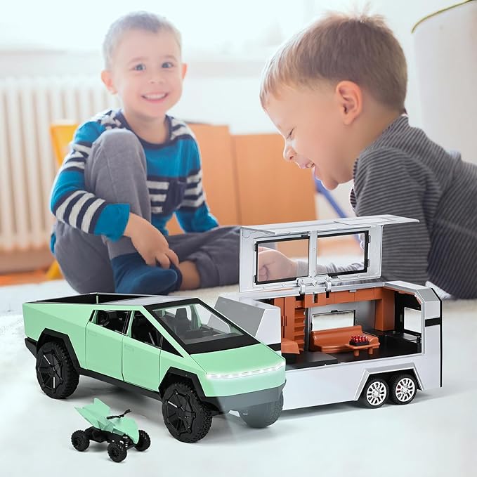 INGQU® Toy Car Alloy Diecast Pick-up Truck Model with RV & Motorcycle with Sound and Light Race Car Display Model Metal Pull-Back Vehicle 3-in-1 Camping Car Set Ideal Gift for Boys Kids Age for 3+
