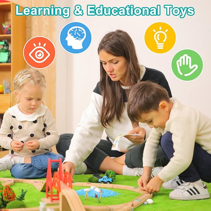 Wooden Train Set, 25 PCS Wooden Tracks, 22 Functions Lights/Music, 3 Game Modes, Preschool Educational Toys Gifts for Kids Age 3-7, Fit Thomas The Train, Brio, Melissa & Doug