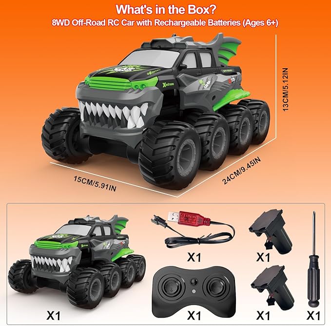Amphibious Remote Control Car 8WD RC Monster Truck with 2 Rechargeable Batteries for Boys Age 8-12 Offroad Waterproof RC Pickup 2.4GHz All Terrain RC Drift Cars Beach Pool Toys Gifts for Kids Green