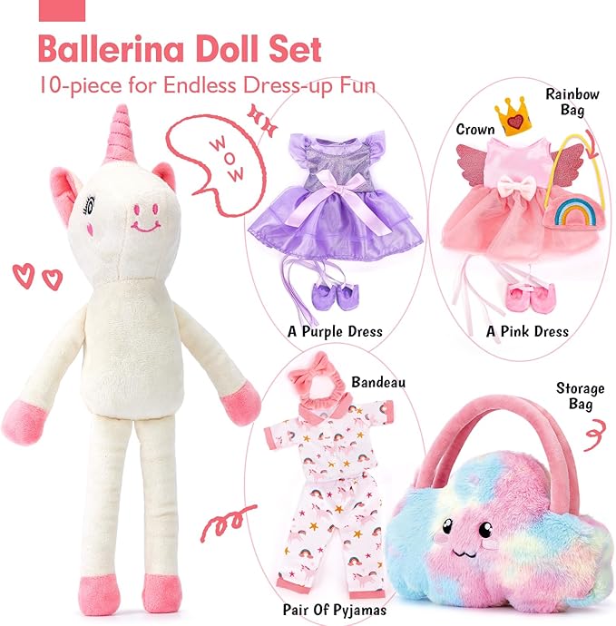 Unicorns Toys for Girls Age 4-6 - Ballerina Doll Stuffed Animal Toys for Girls 3-5, Ballet Dress up Doll, 3 Set Clothes with Plush Bag, Kids Toy 4 Year Old Girl Birthday Gift Dance Recital Gifts