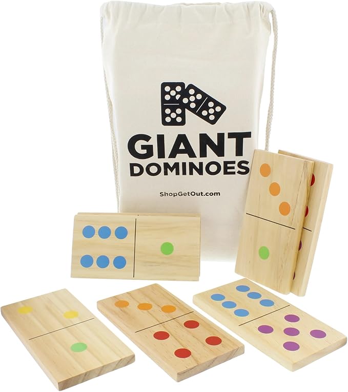 Get Out! Giant Wooden Dominoes 28-Piece Set with Bag – Jumbo Natural Wood & Colored Numbers – Kids Adults Outdoor Games