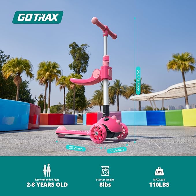 Gotrax KS3 Pro Folding Kick Scooter for Kids, One Key Removable Seat & 3 Extra Wide PU Light-Up Wheels and Anti-Slip Deck, Adjustable Height Handlebar and Lean-to-Steer Scooter for Children Aged 2-8