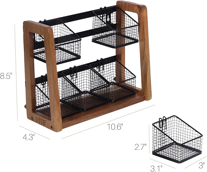 HTB 2 Tier Tea Organizer for Tea Bags, Tea Bag Holder with Acacia Wood Stand and 6 Removable Metal Basket for Sugar Packets, Sweeteners, Creamers for Cabinet, Countertop or Wall-mounted