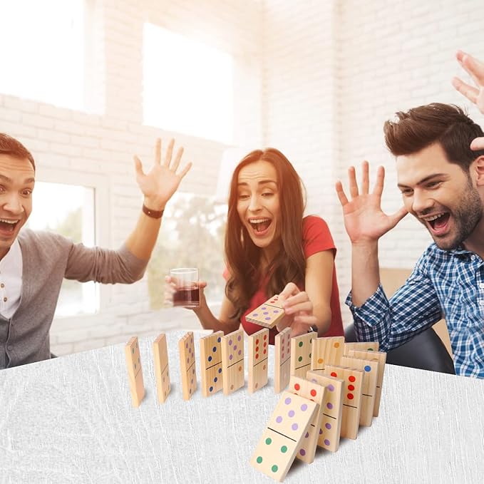 GSE Games & Sports Expert Medium Wooden Dominoes with Multi-Color Dots, 28 Pieces 5" x 2.5" Dominoes Game Set with Storage Bag for Home, Yard