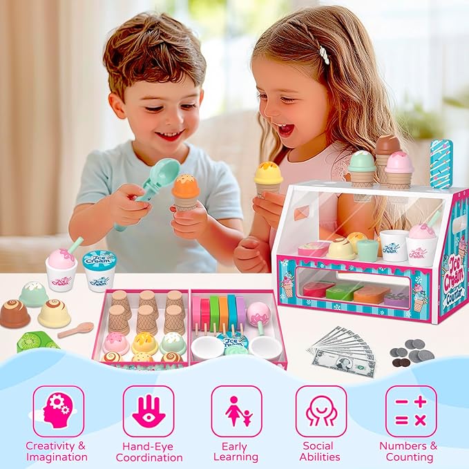 Wooden Ice Cream Toys Kids Toy Food for Toddler Girls 3+, Ice Cream Shop Playset, Pretend Play Kitchen Toys with Display Counter & Fake Money - Wooden Food Toys for 3 4 5 Year Old Girls Boys Birthday