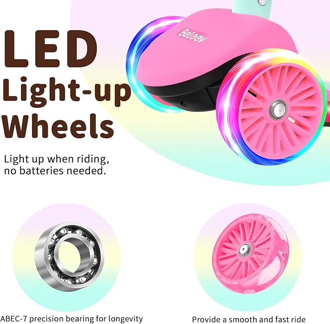 BELEEV A9 Kids Scooter with LED Light-Up Wheels & Deck, 3 Wheel Folding Scooter for Toddlers Girls Boys Ages 3-12, Adjustable Handlebar, Lean to Steer, Extra-Wide Wheels, Kick Scooter for Children