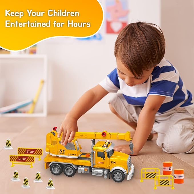 MOBIUS Toys Crane Truck Toy Set – Kids Construction Crane w/Extending Arm, Rotation, Props & Buttons + Sounds & Lights – Toy for Boys Age 4-7, Girls 3 Years Old+