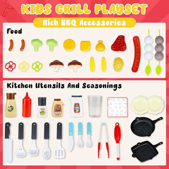 41Pcs Toy Grill Kids Grill Playset with Sound & Light for Toddlers - Kids BBQ Grill Playset for Indoor and Outdoor Kitchen Playset for Kids