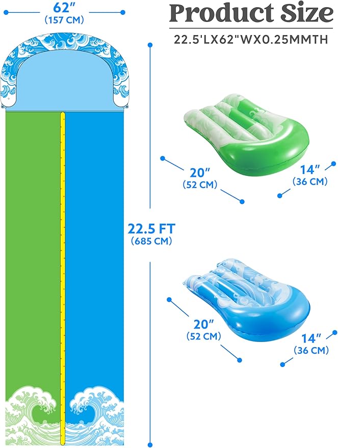 JOYIN 22.5FT Water Slide and 2 Inflatable Boards, Extra Long Heavy Duty Double Lawn Waterslide with Sprinkler for Kids Adults Backyard Summer Water Toy Outdoor Fun, Blue, Green