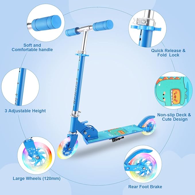 Scooter for Kids Ages 3-12 - Kids Kick Scooters with Led Light Up Wheels & 3 Levels Adjustable Handlebar, Lightweight Foldable 2 Wheel Girly Pink Scooter Christmas Birthday for Girls Boys.