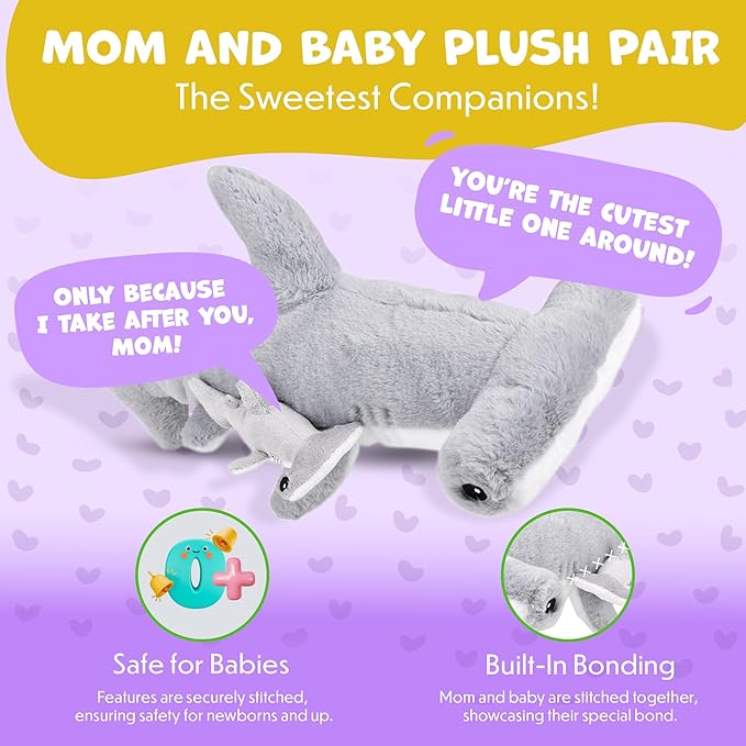 Mom and Baby Stuffed Animals for Boys & Girls, Safari Baby Shower Decorations, Nursery Decor, Zoo Animal for Toddlers, Quality Realistic Toy for Kids, Cute, Soft, Huggable, Squeezable (20" Hammerhead)