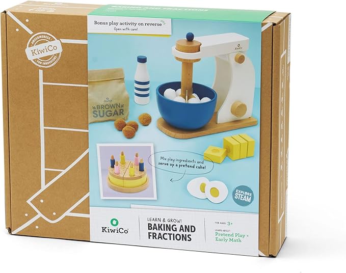 Bake-a-Cake Stand Mixer | KiwiCo Play Kitchen | Kids Baking Set Ages 3+ | Learn Early Math with Wooden Kitchen Play Set | Includes Ingredients, Stand Mixer, Measuring Spoons, Recipe Cards and More