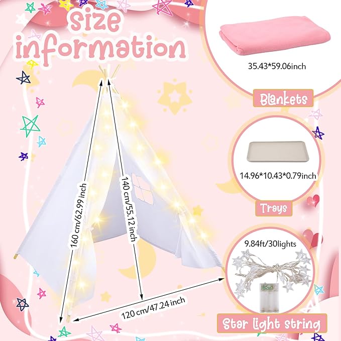 Windyun 4 Pack Teepee Tent for Kids with Light Blankets and Trays, Natural Cotton Toddler Play Tent, Washable Children's Sleepover Teepee for Girls Boys Indoor Outdoor Slumber Party Birthday Gifts