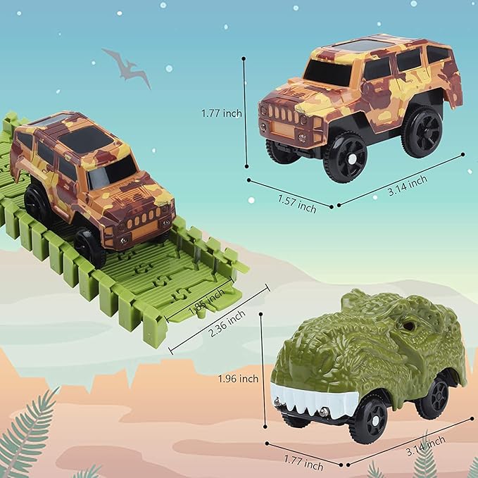 Dinosaur Track Toys, 200+ Pcs Create A Dinosaur World Road Race, Flexible Track Playset with 1 Dinosaur Car,1 Race Car,8 Dinosaurs for 3 4 5 6 Year & Up Old Boys Girls Kids Toddlers Great Gift