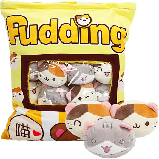 ARELUX Cute Cat Plush Pudding Pillow:Snack Pillow Toys Bag Removable Stuffed Animal 8Pcs Sets Creative Plush,Soft Yellow Cat Plushie Animal Throw Pillow,Dolls Friends Family Member