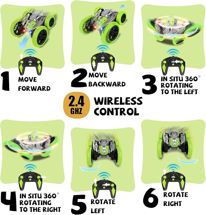 Remote Control Car, 360° Rotating RC Stunt Car with Lights and Spray, 2.4Ghz 4WD Double-Sided Driving RC Car Toys for Kids, Outdoor Dinosaur Truck Gift for Boys and Girls Age 4-7,8-12 (Green)