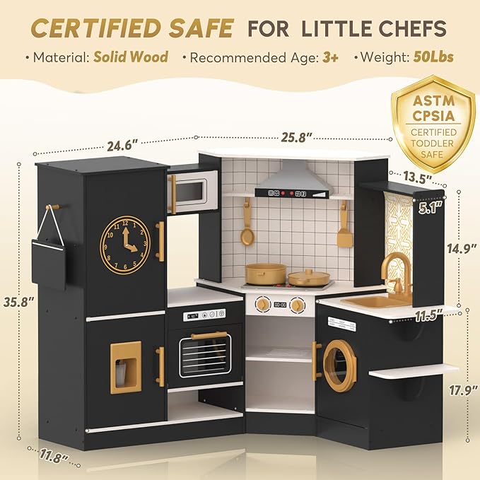 BIERUM Coner Wooden Play Kitchen with Real Lights & Sounds, Trendy Home Style Kitchen Playset, Toy Kitchen with 28 Pcs Toy Food & Cookware Accessories, Gift for Boys & Girls Ages 3+