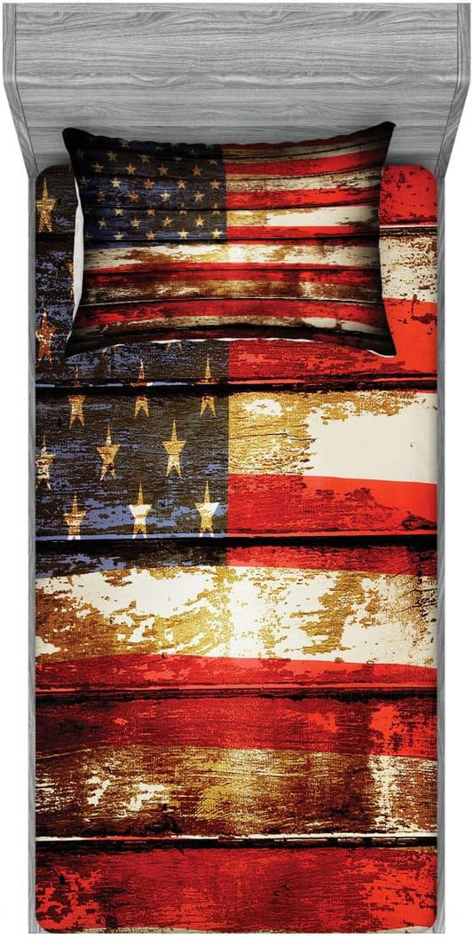 Ambesonne American Flag 2 Pack Fitted Sheet & Pillow Sham Set, Vintage Wooden, 4 Pcs Bedding Decor, Package Contains 2 Twin Size Fitted Sheets & 2 Pillow Covers, Red Navy