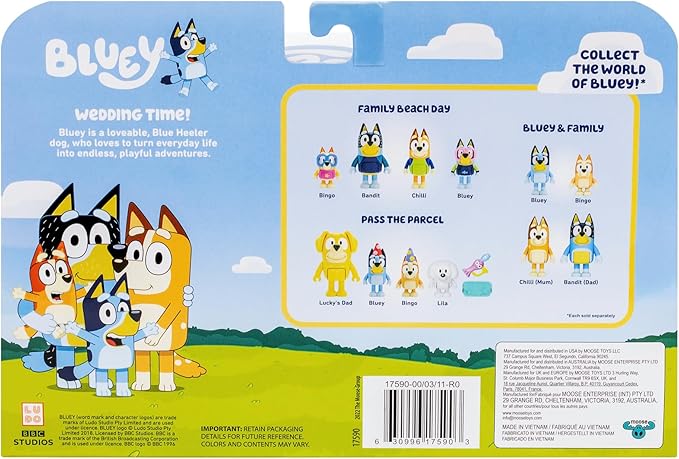 Bluey Figure 4-Pack Wedding Time, Re-Enact Uncle Rad and Frisky's Wedding Day and Bingo Flower Girl Figures