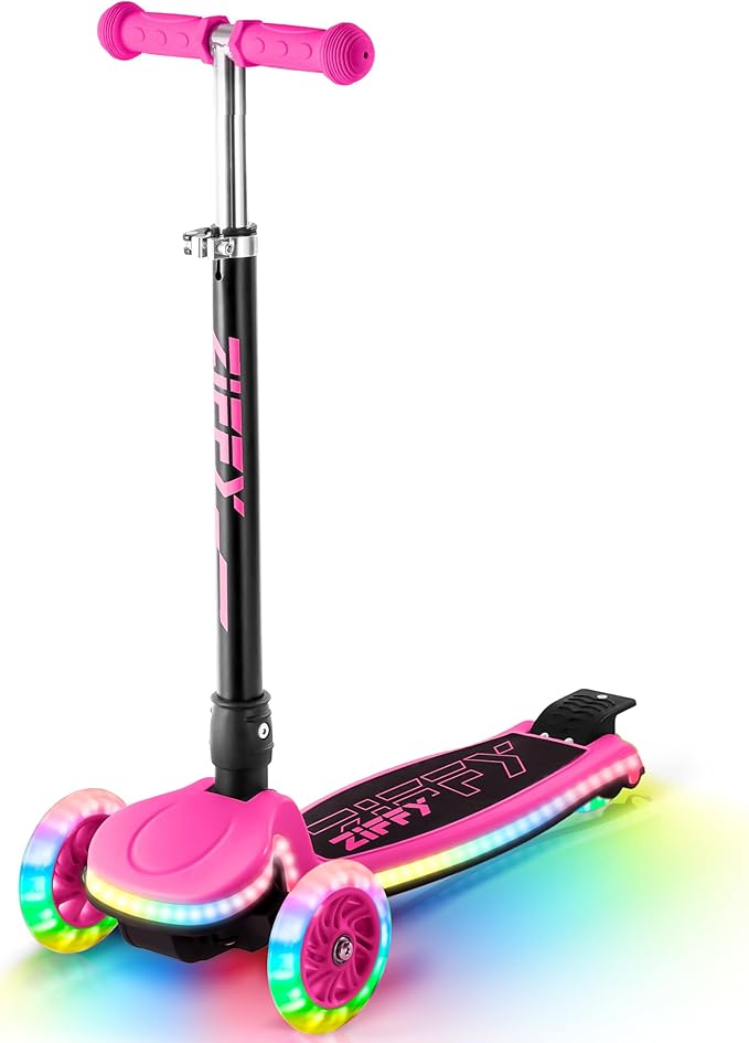 ZIFFY Kids Scooter for Boys & Girls LED Light-Up Wheels, 4 Adjustable Height Handlebars, and Lean-to-Steer Design with Anti-Slip Wide Deck for Stability - Up to 110LBS