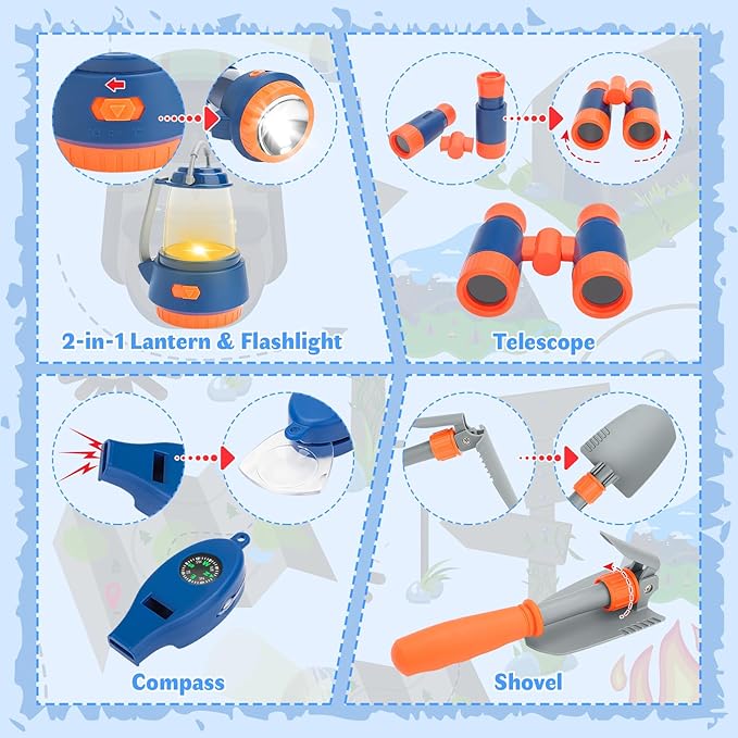 deAO Kids Camping Toys Set with Pop Up Play Tent,32 PCS Outdoor Pretend Camping Toys with Light & Spray for Kids Boys Girls Age 3 4 5 6, Gift for Kids