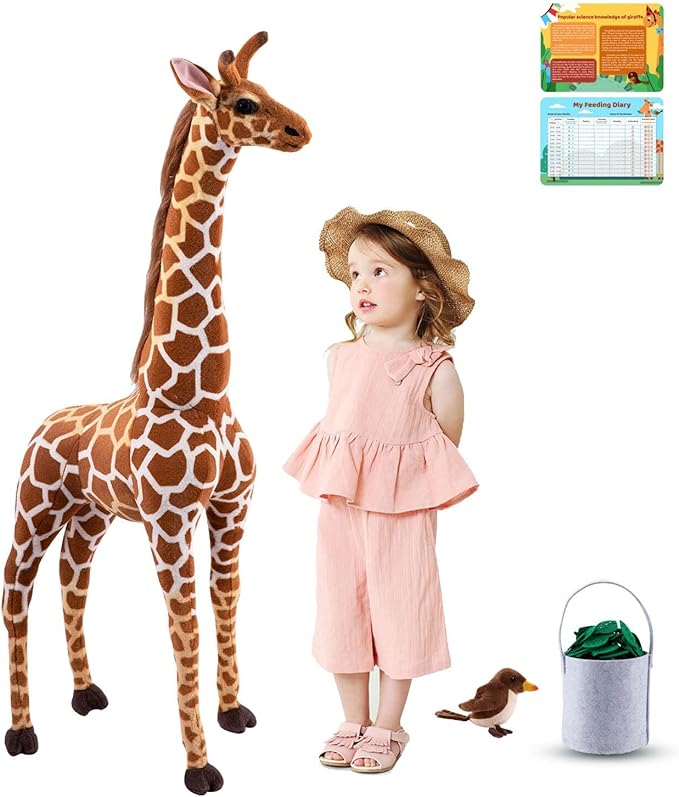 Giant Stuffed Giraffe Animal Set, 47 Inch Large Giraffe Plush Toy for Kids with Bird & Basket & Leaves & Card, Toddler Lifelike Standing Toys Stuffed Animal Gift for Girls Boys