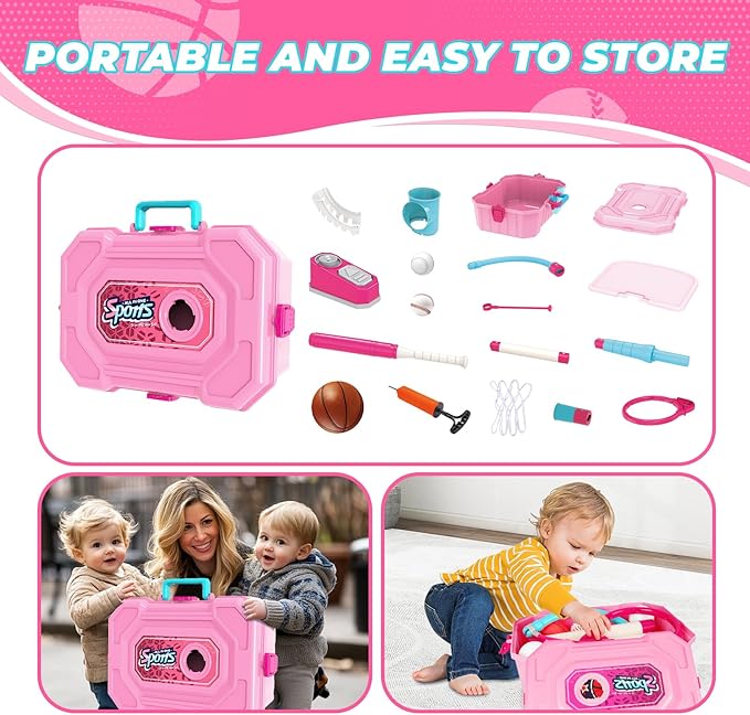 4-in-1 Toddler Basketball Hoops and T-Ball Set, Height Adjustable Kids Basketball Hoops, Baseball Launcher, Indoor/Outdoor Hanging T-Ball Baseball Toys for Boys and Girls Ages 3+(Pink)