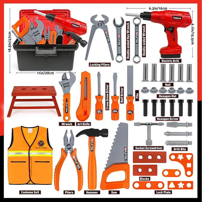 Kids Tool Set - 50Pcs Toddler Tool Set Age 3-5 Construction Toys with Tool Box & Electronic Toy Drill Pretend Play Dress Up Toddler Boys Toys 4-6 Birthday Gifts for 3 4 5 6 7 Year Old Boy Girl