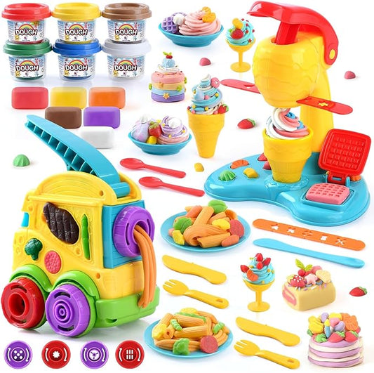 PLAY 2 in 1 Color Dough Kitchen Creations Set, Ice Cream Noodle Maker Color Dough Sets for Kids Ages 4-8, Play Kitchen Food Toys for Boys Girls Kids Toddlers Ages 3+, with 18 oz Multicolor Clay