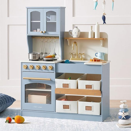 Tiny Land Wooden Play Kitchen Set - Toy Storage System, Plenty of Play Features, Ages 3+ (Blue)