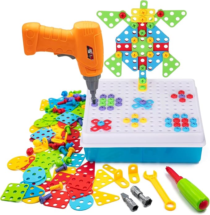 STEM Drill & Build Kit for Kids Ages 3-8 | Electric Toy Drill with 193+ Pieces (Screws, Nuts, Rainbow Fasteners) | Creative Design Construction Toys for Boys Girls | Gift for Birthdays, Christmas