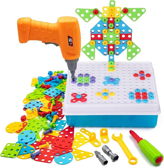 STEM Drill & Build Kit for Kids Ages 3-8 | Electric Toy Drill with 193+ Pieces (Screws, Nuts, Rainbow Fasteners) | Creative Design Construction Toys for Boys Girls | Gift for Birthdays, Christmas