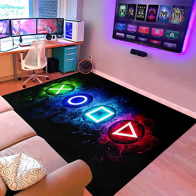 Video Game Controller Gamepad Home Decor Printed Large Area Rugs for Teen Boys Kids Play Bedroom, Black Polyester Fiber Floor Carpet Yoga Mat for Living Room