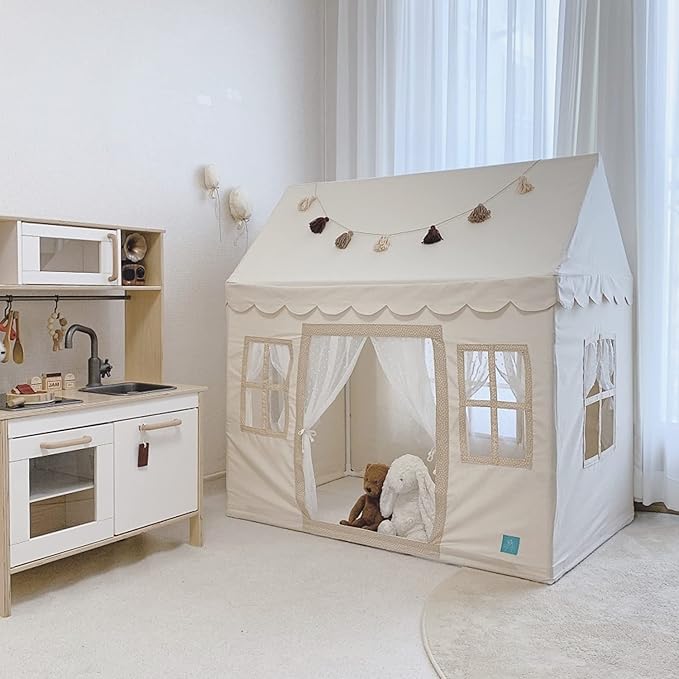 PETITE MAISON Kids Play House Tent with 100% Cotton Fabric & 5 Windows - Hand Made Premium Quality Play Tent for Indoor & Outdoor - Light and Easy to Assembly - Best Birthday Gift - Vely Beige