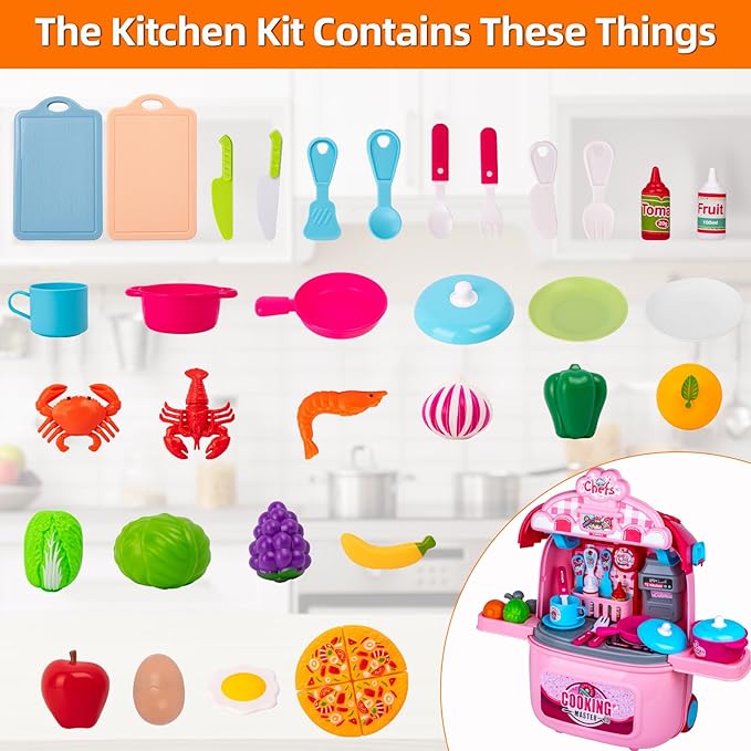 Awsoo Play Kitchen Set for Toddlers 3-5, Portable Play Kitchen with with Rolling Suitcase to Storage Plenty Toys Food, Interactive Pretend Play Toy Kitchen for Kids 3 4 5 6