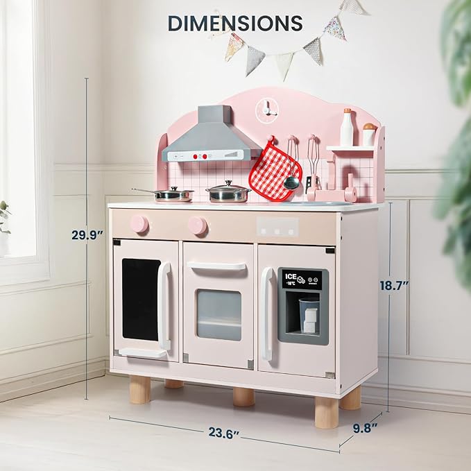 BlueWood Wooden Kids Kitchen Playset for Toddlers Ages 3-8, with Induction Hob, Oven, Ice Maker, Hood, and Tap - Châtelet Creamy Pink