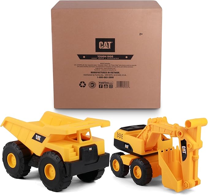 CAT Construction Toys Construction Tough Rigs 15" Dump Truck & Excavator Set Toys 2 Pack Ages 3+ | Kid Powered Caterpillar Vehicle Set | Indoor or Ourdor Play | No Batteries Required