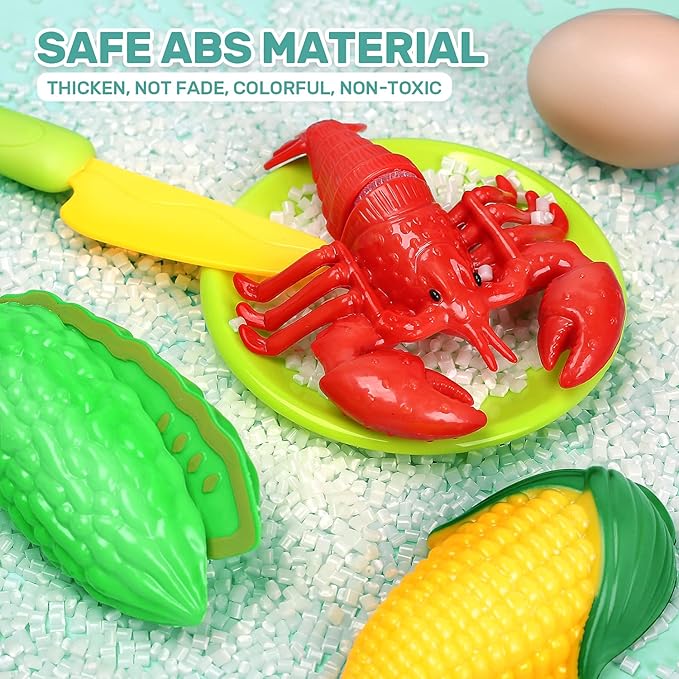 HOLYFUN 100 PCS Cutting Play Food Toy for Kids Kitchen, Pretend Fruit & Vegetables Accessories with Shopping Basket, Plastic Mini Dishes, Play Money, Perfect Educational Toy for Toddlers Boys & Girls