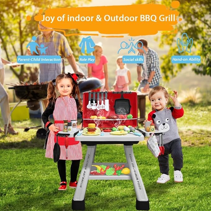 Barbecue Grill Toy Set, Kids BBQ Grill Playset with Smoke Sound Light Simulation Camping Cooking Interactive Toys Christmas Birthday Gift for Toddlers Girls Boys 2-6