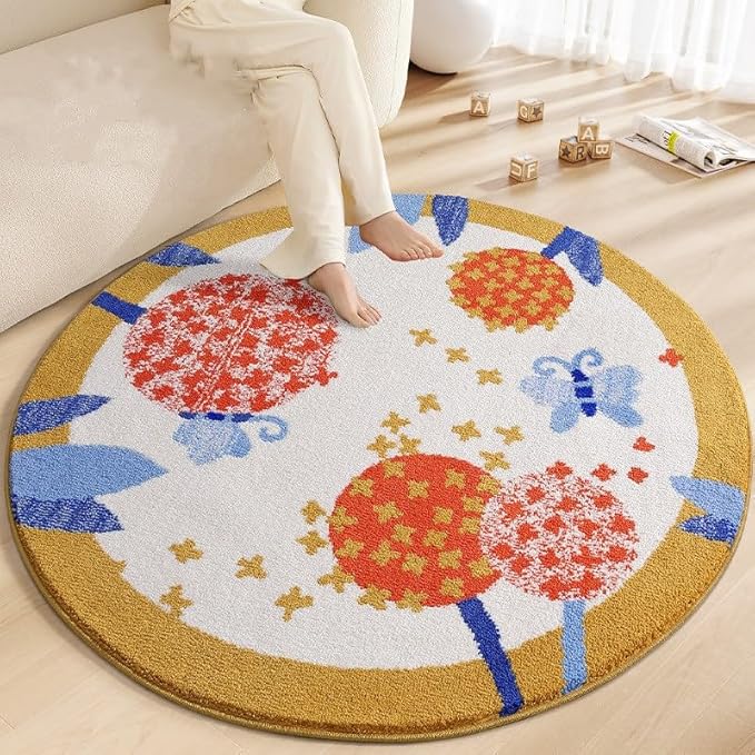 Poowe Round Butterfly Kids Area Rug Soft Fluffy Kids Construction Rugs for Playroom Nonslip Digger Nursery Rug for Boys Room,Round 31.5"