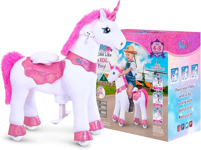 PonyCycle Ride on Unicorn Riding Unicorn Toys, Essential Model E Unicorn Gifts Ride on Pony for Girls (30" Height/Size 3 for Age 3-4) Plush Interactive Riding Horse Ride on Horse Toys Animal Pink E312